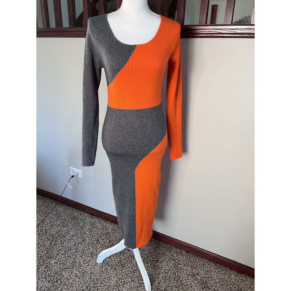 Fashion Nova Orange Grey Colorblock Ribbed Midi Sweater Dress Long Sleeve Large